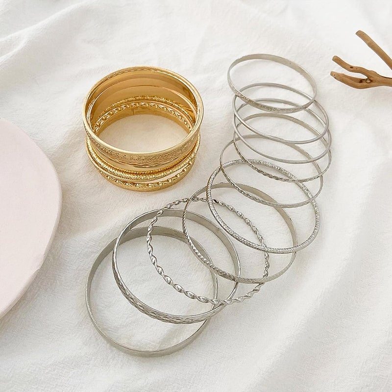 IFKM Gold Bangle Bracelets For Women, 14k Gold Plated Multi Layer Stackable Cuff Bracelet Set, Trendy Elegance Charms Non Tarnish Minimalist Textured Boho Jewelry Gift for Women - Image 5